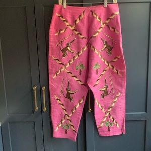 CJ Laing Pink Linen Tapered Leg Pants with Monkey & Banana Design- Size 12